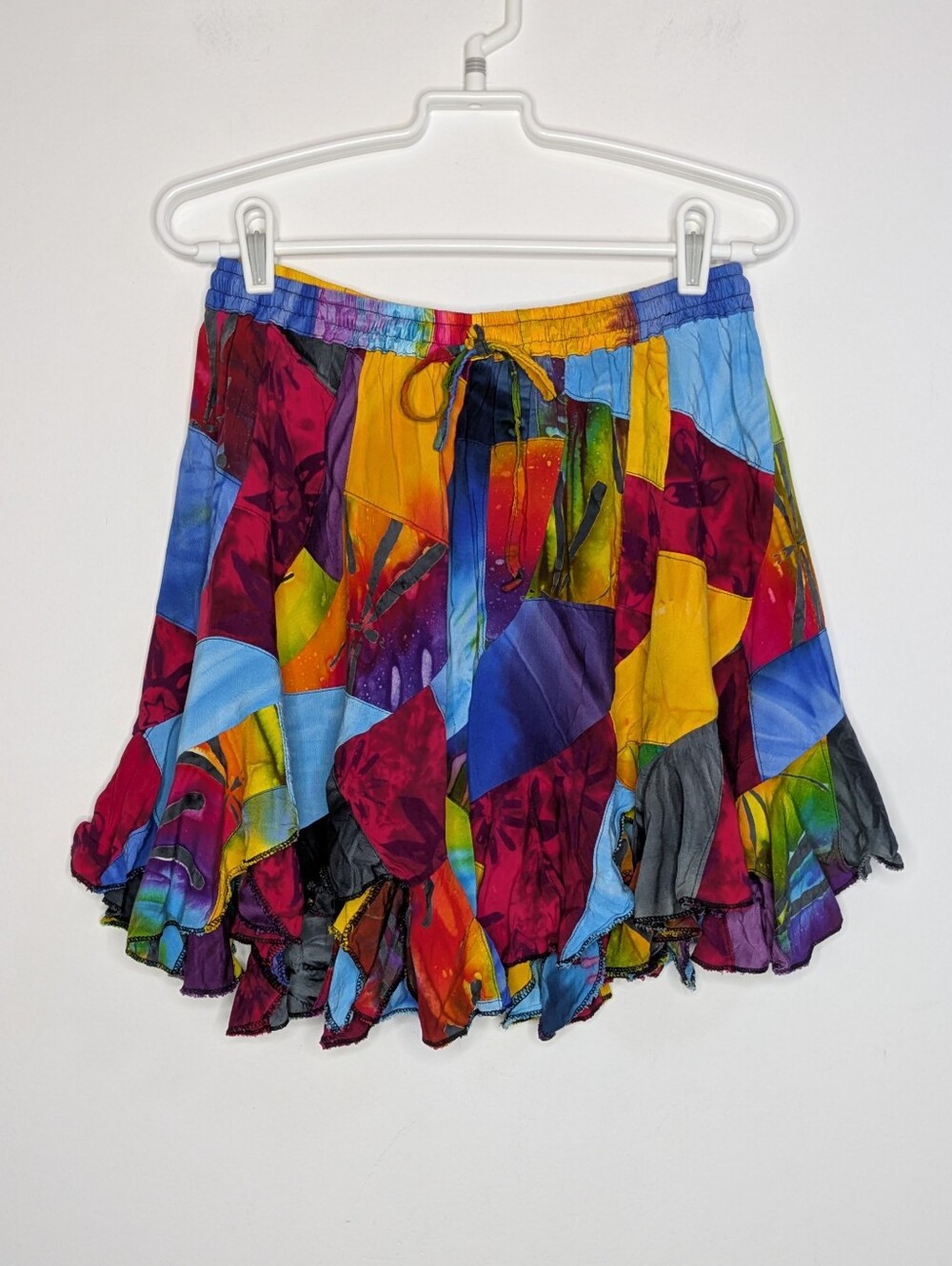 Peaceful People Colorful Rainbow Patchwork Dragonfly Mini Skirt L/XL